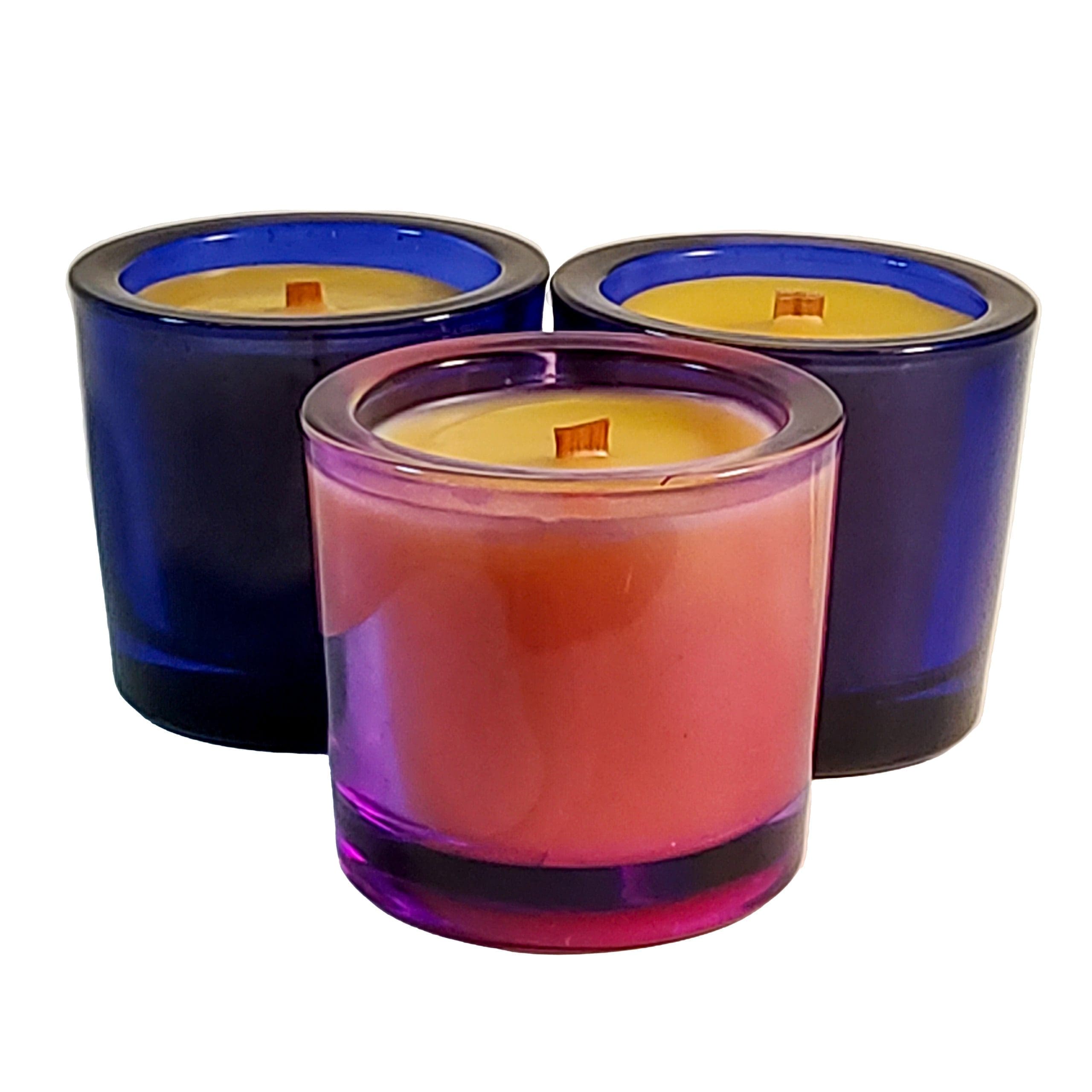 Group of three small round glass container beeswax candles