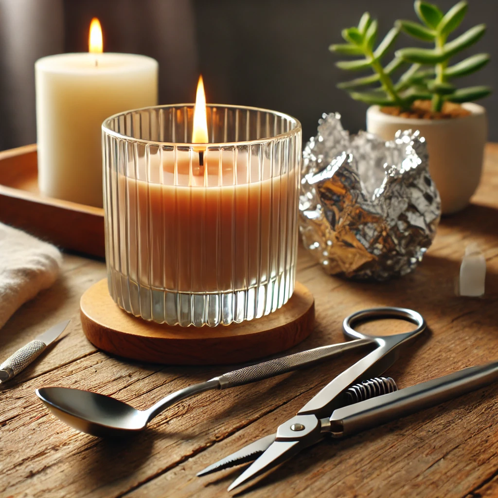 A cozy scene featuring a lit candle showing candle "tunneling" in a stylish glass container on a wooden table. Nearby are a wick trimmer, a spoon with scooped out wax.