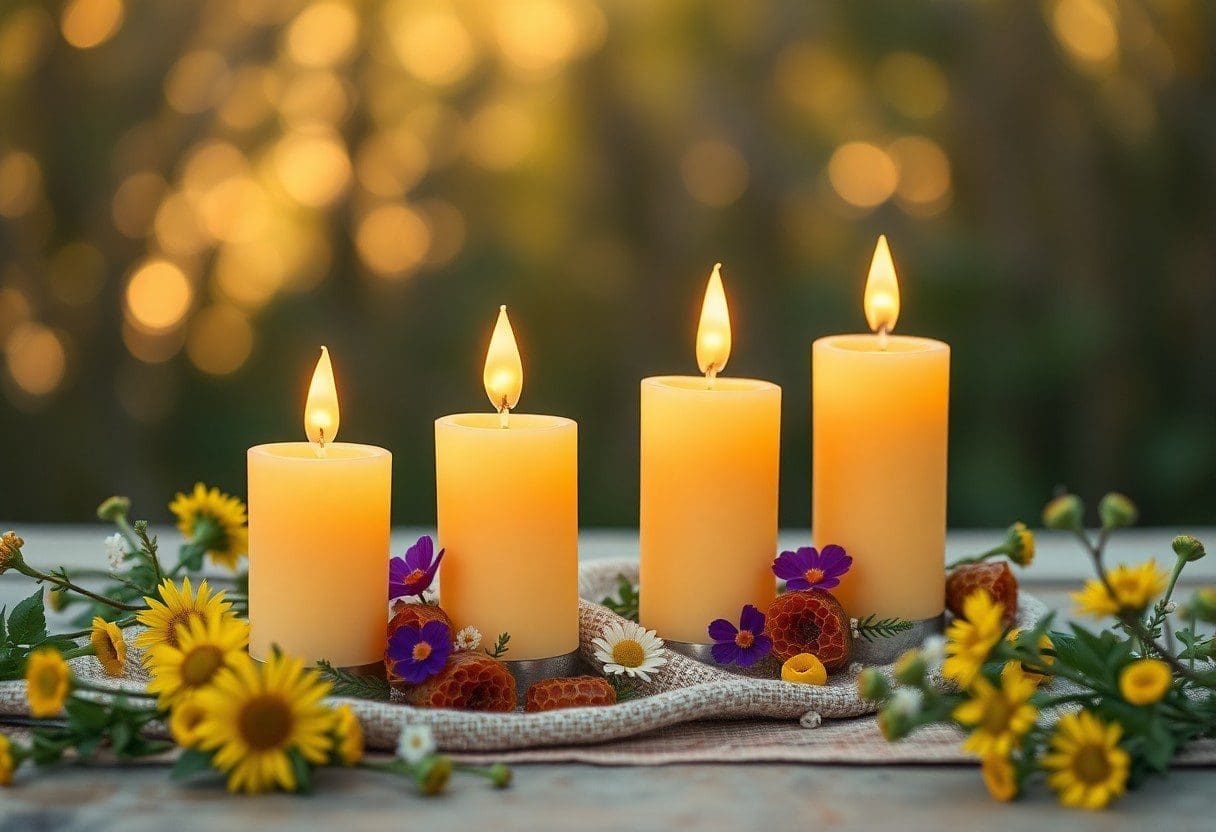 an arrangements of beeswax pillar candles burning