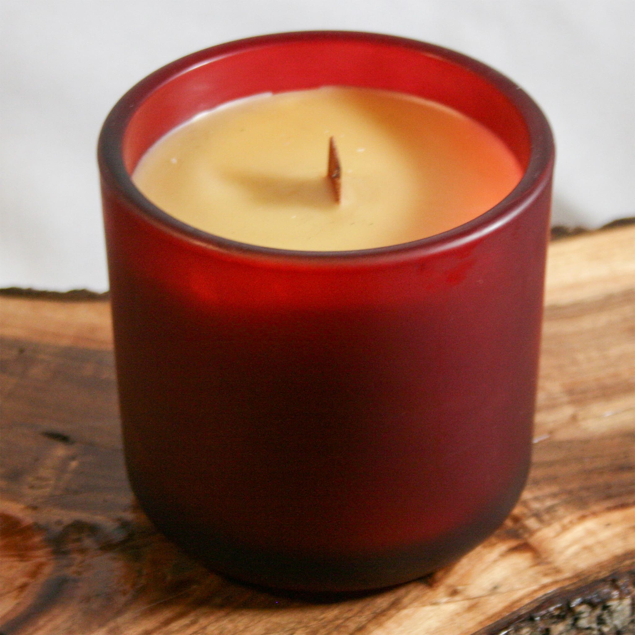 8.5 oz Round Glass Container Candle in color Frosted Currant Red