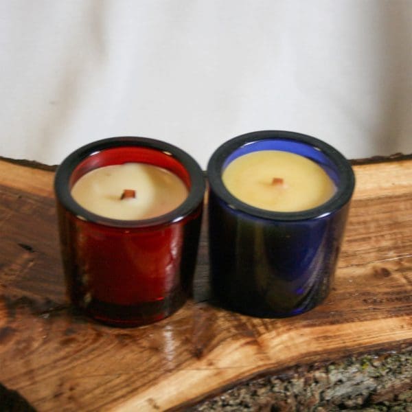 2.5oz Round Glass Container Beeswax Candle In color Cobalt Blue and Red