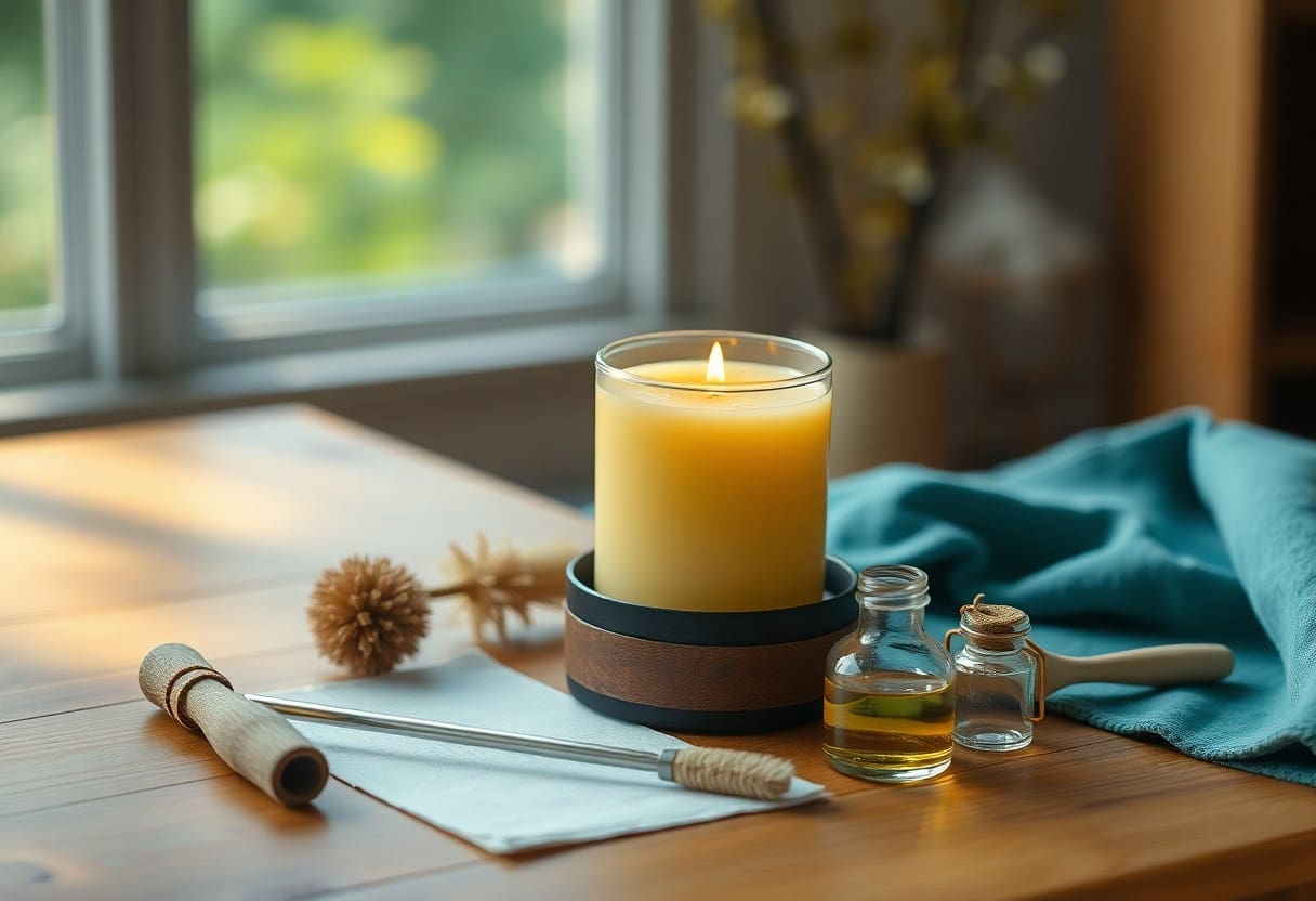 a beeswax candle, burning on a desk in front of a window