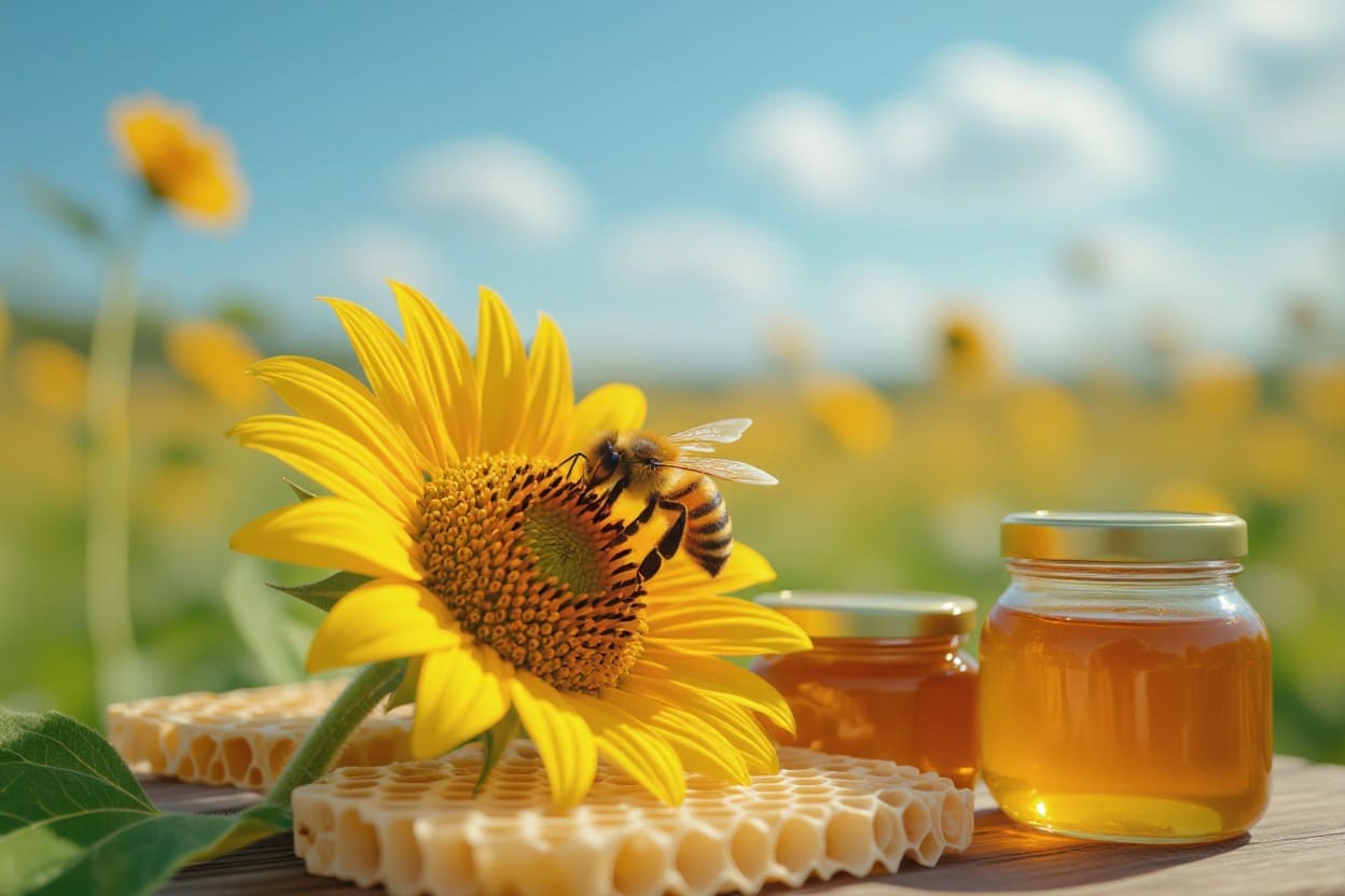 A honey bee landing on a large sunflower.